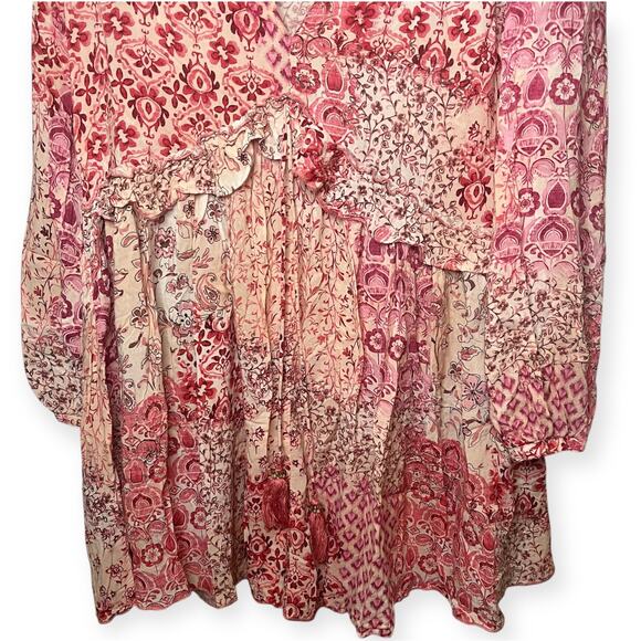 Zara Boho Patchwork Floral Dress Pink Red Long Sleeve Tassel Tie Mini Sz Small - Picture 4 of 12